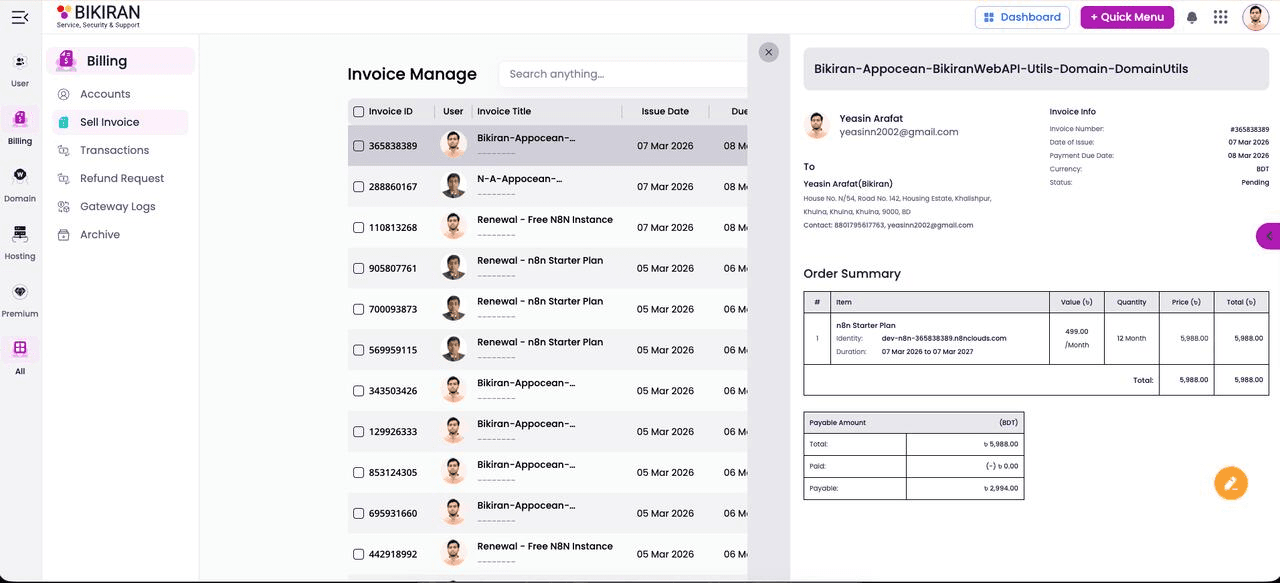 Invoice list and short overview — showing invoices of all customers