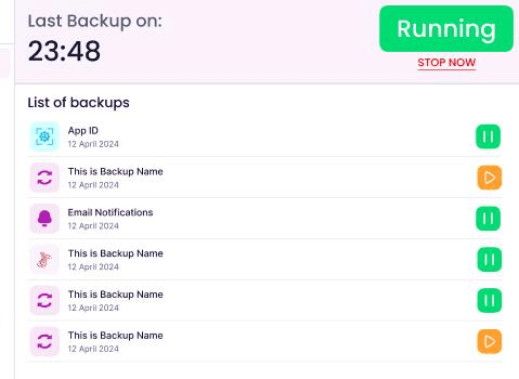 Backups Panel — list of configured backup tasks and their current status