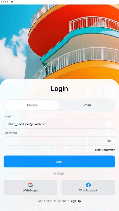 Login Screen — OTP-based authentication with email/phone and social sign-in